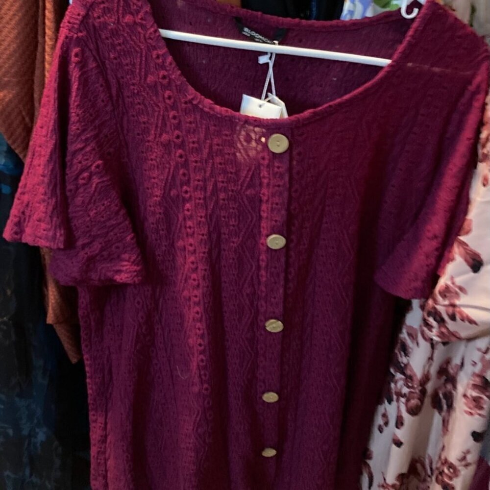 Bloomchic  burgundy button up crocheted style top